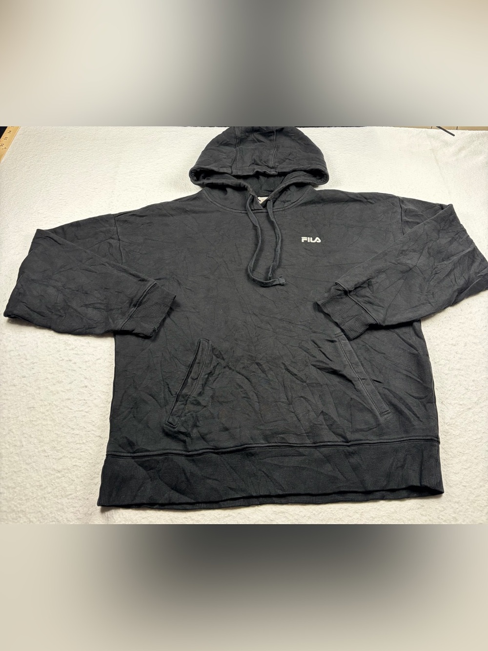 FILA Washed Black Pullover Hoodie Mini Logo Distressed Cuff Size M